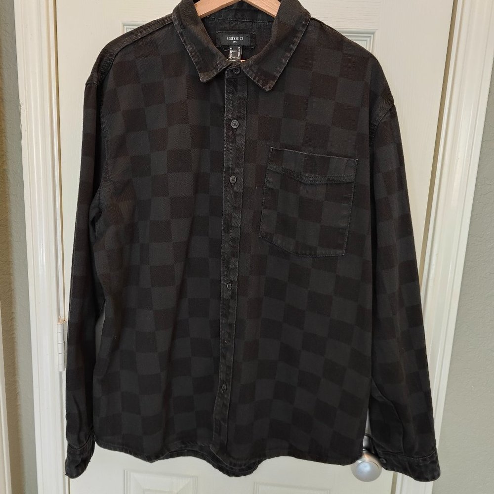 FOREVER 21 MENS CHECKERED BUTTON-FRONT DENIM BLACK SHIRT SIZE XL
